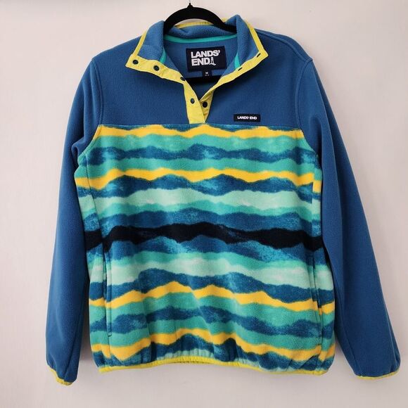 Lands End blue green yellow multi color wavey fleece pullover womens size M - Picture 1 of 6